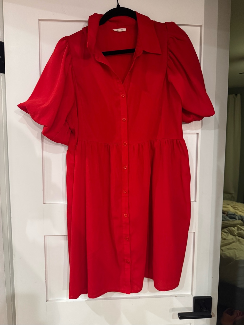 JODIFL Red Button-Front Mini Dress with Puff Sleeves